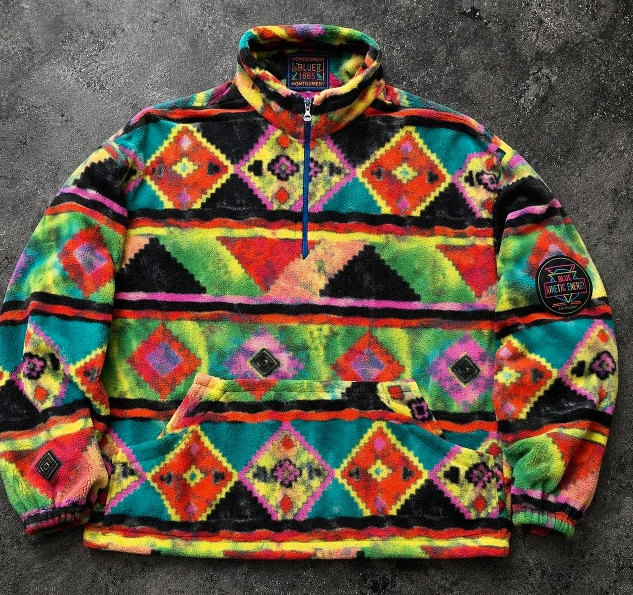 Montgomery Blue 1985 polaire vintage crazy aztec Made in Italy L Xl