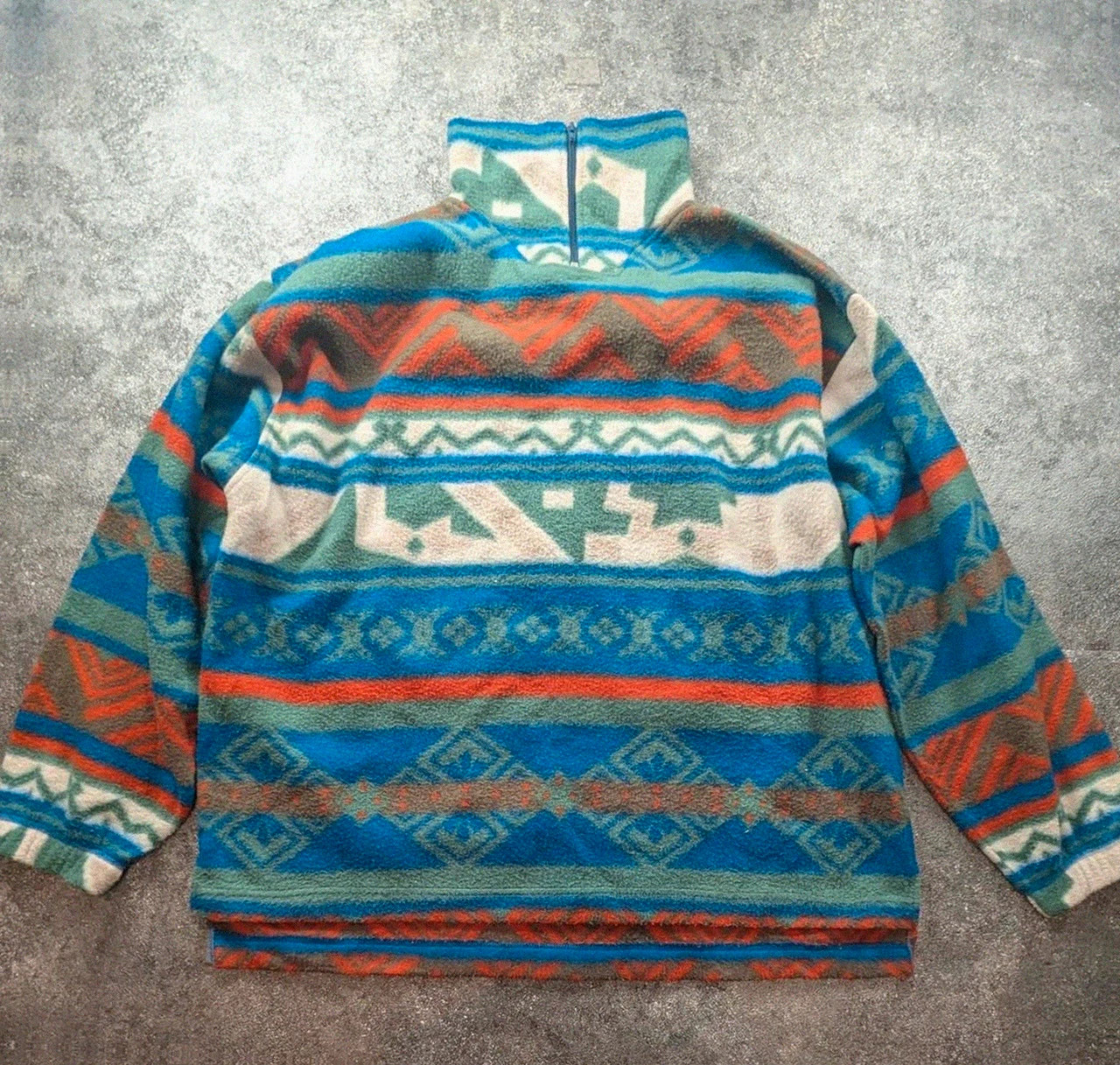Polaire vintage 90s oversize motifs géométriques ethniques multicolore col montant – L / Xxl – Vintage Dressing – taille L 2