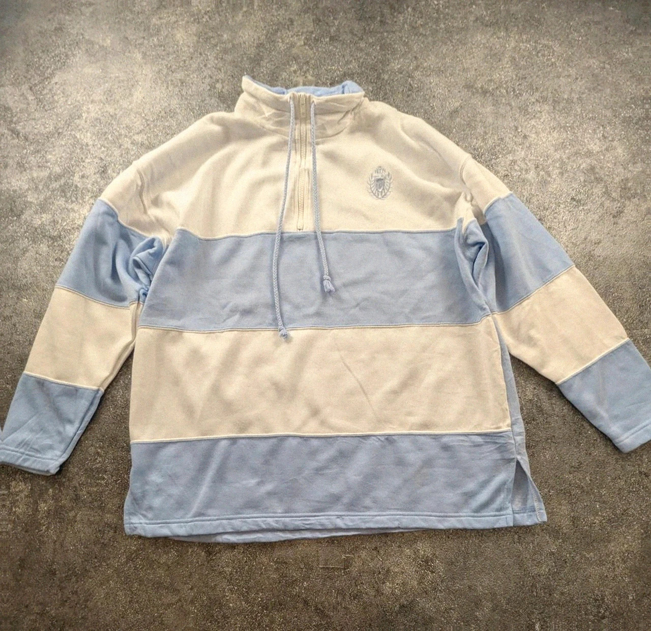 Sweat col zippé Jaclyn Smith L beige bleu vintage preppy old money – Jaclyn Smith – taille L / 40 / 12