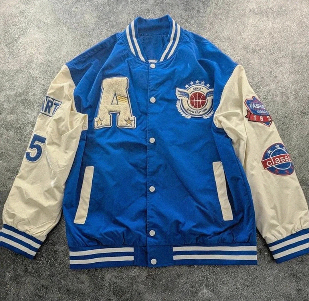 Veste college varsity bleu blanc vintage coupe oversize