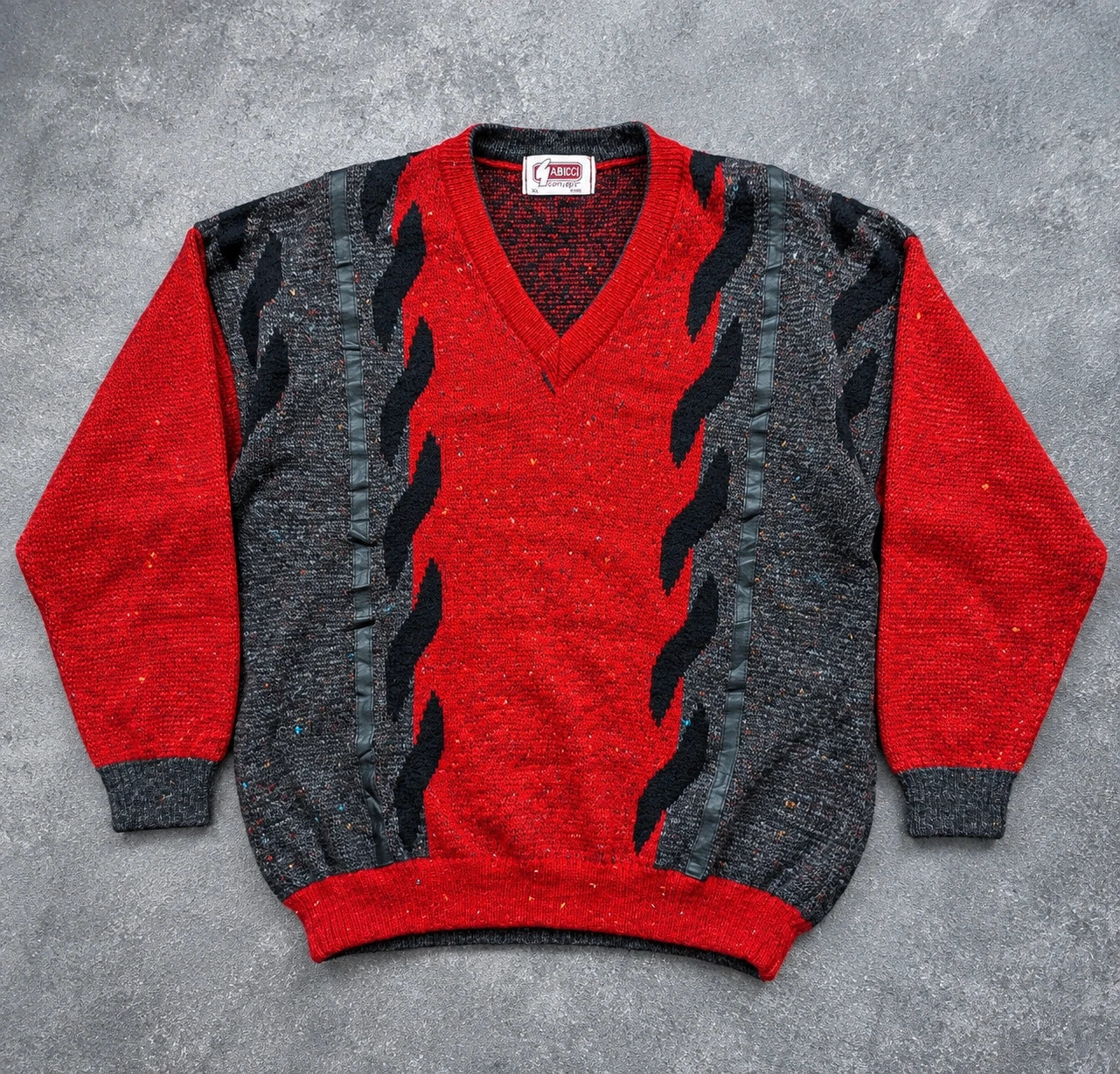 Pull vintage homme Tabicci laine Made in England rouge noir grandad crazy knit L/XL – Vintage Dressing – taille XL