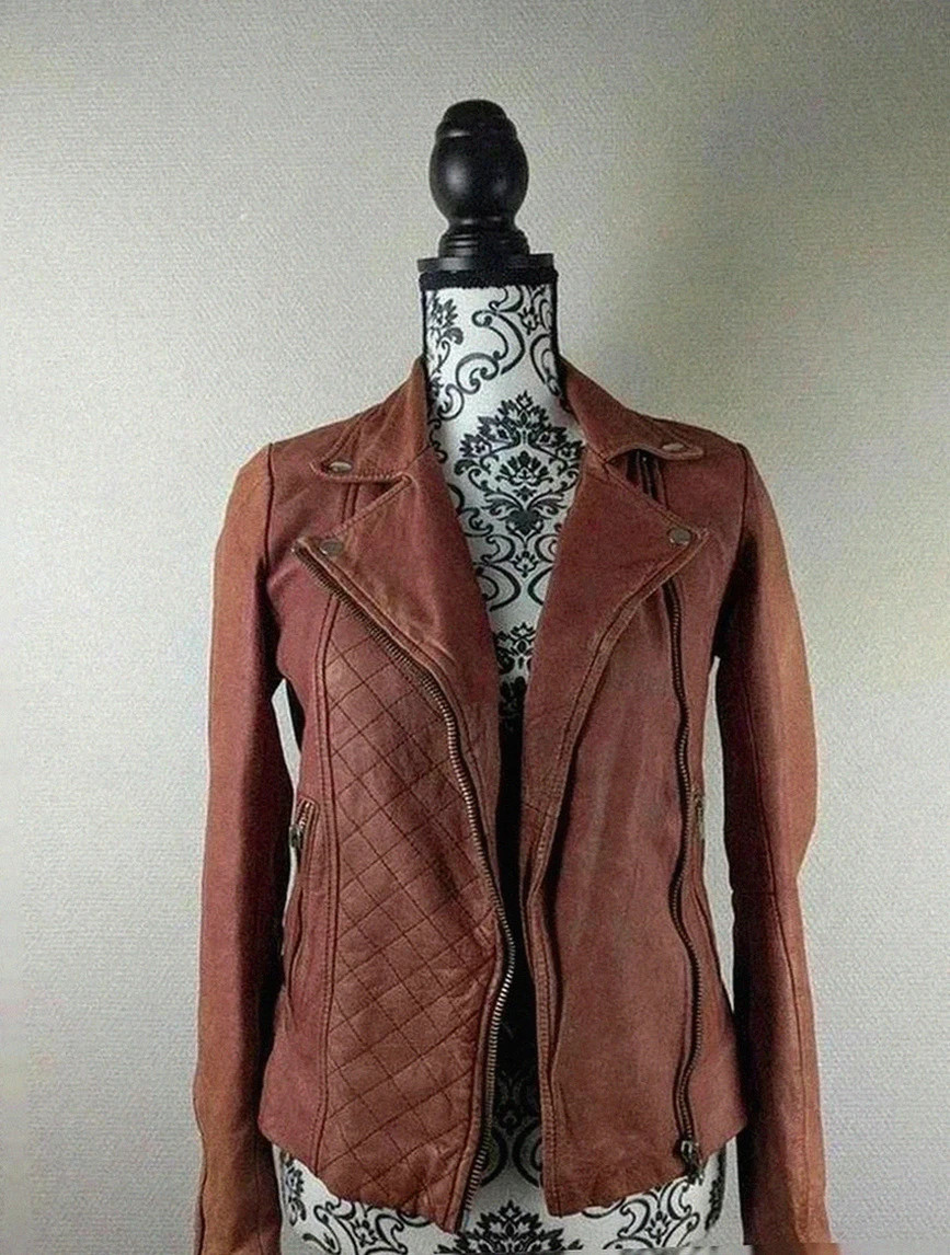 Perfecto biker en cuir d'agneau Maje bordeaux patiné taille 36, style rock chic intemporel