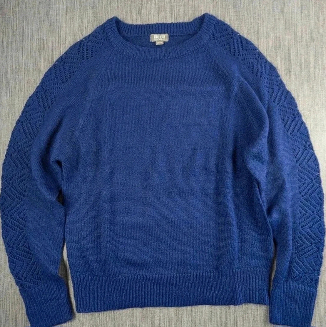 Pull ajouré bleu dentelle manches – Taille 38/40 – Bleu Bonheur 💙