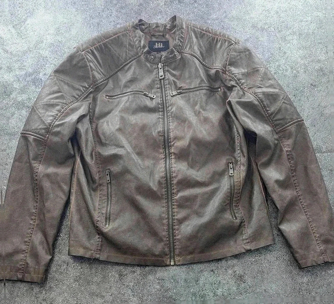 Blouson biker Hi Buxter marron simili cuir taille 54 look vintage dressing casual streetwear