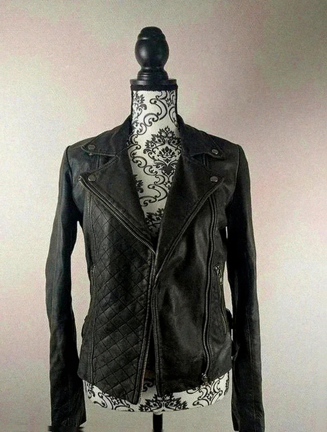 Perfecto biker en cuir d'agneau Maje noir matelassé taille 36, coupe rock chic intemporelle
