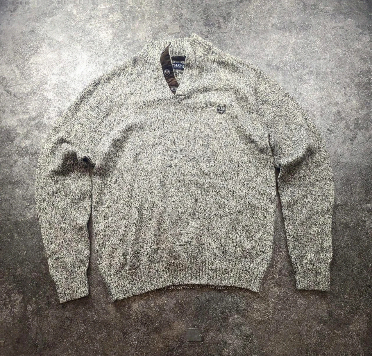 Pull Vintage CHAPS 100% Coton L Chiné Marron Col Boutonné Coudières Preppy – CHAPS – taille L 2