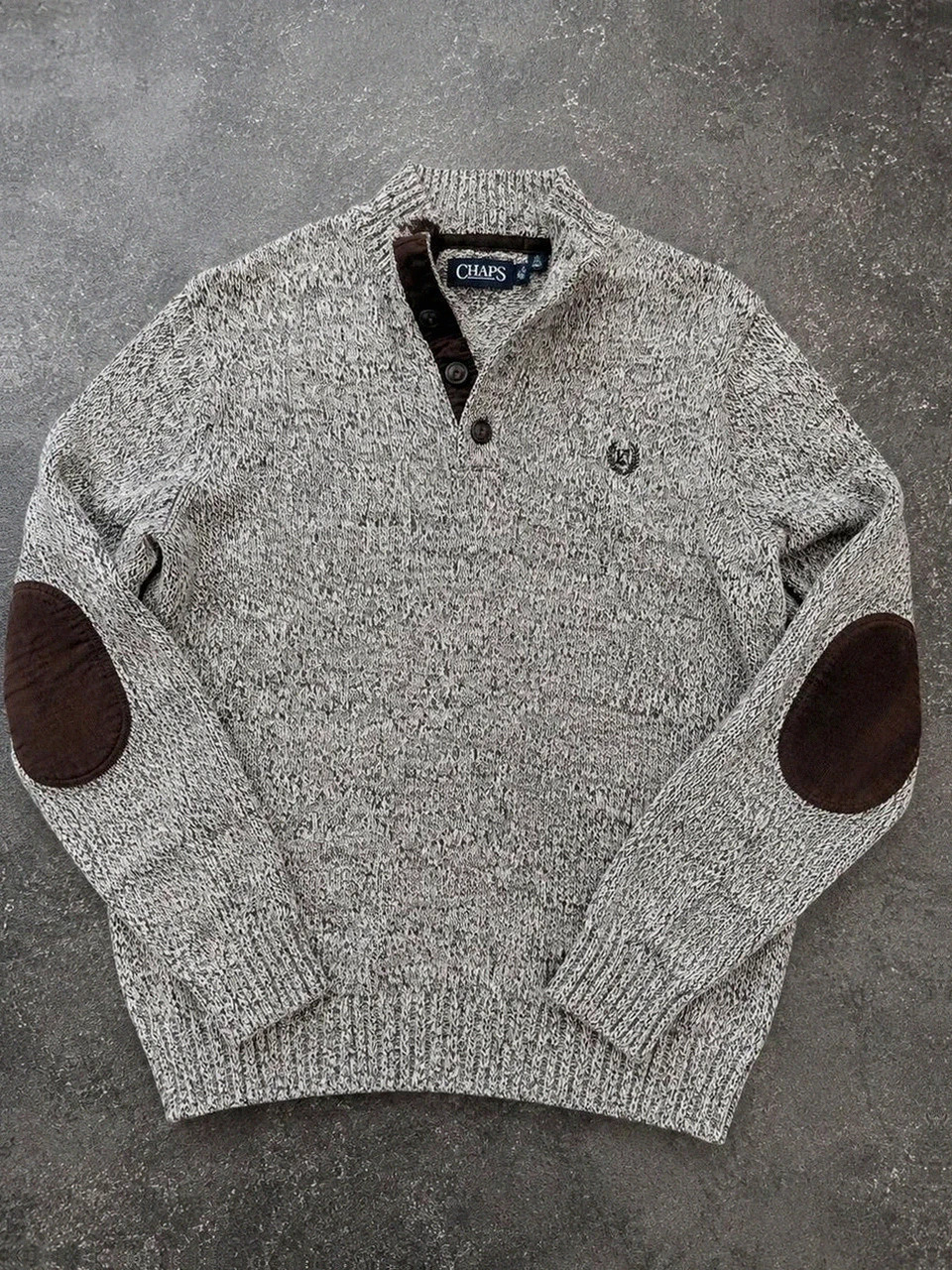 Pull Vintage CHAPS 100% Coton L Chiné Marron Col Boutonné Coudières Preppy