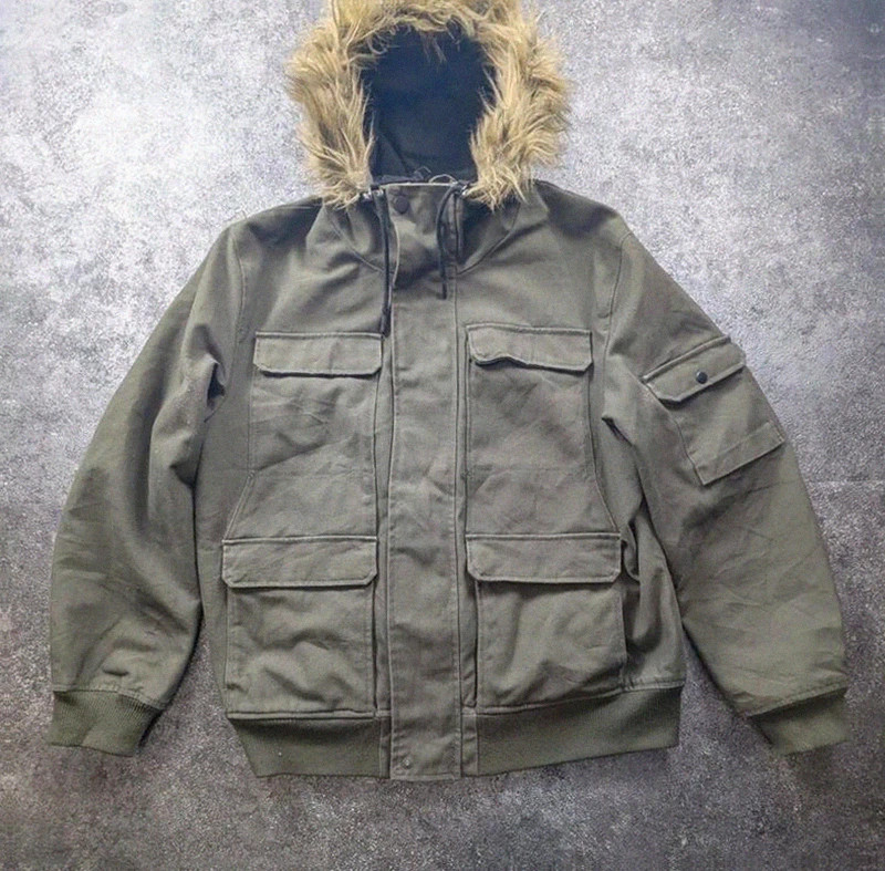 L.O.G.G. H&M veste workwear utility L kaki toile épaisse doublée capuche fourrure – WORKWEAR – taille L 2