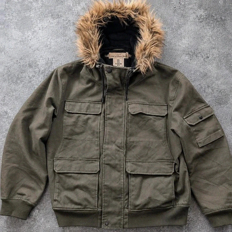 L.O.G.G. H&M veste workwear utility L kaki toile épaisse doublée capuche fourrure