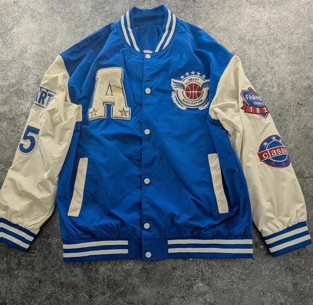 Veste college varsity bleu blanc vintage coupe oversize