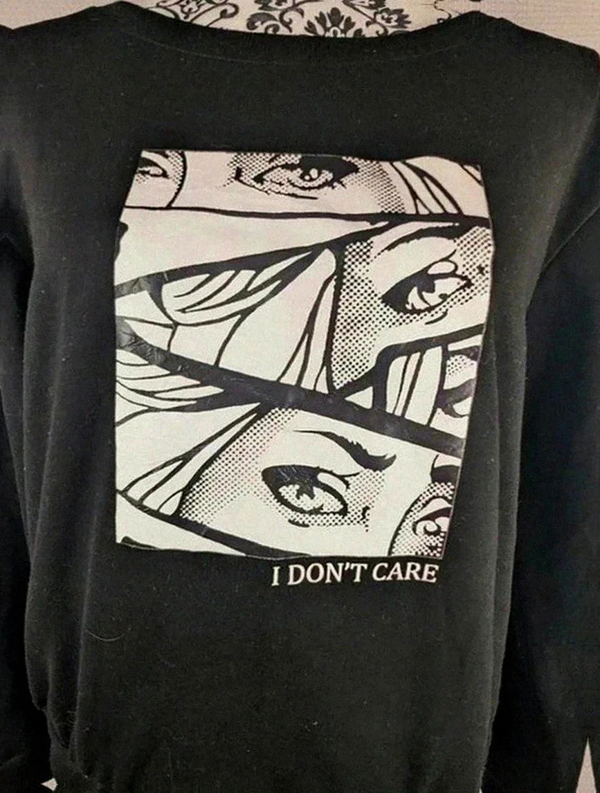 Sweat noir imprimé graphique “I don’t care” taille M vintage dressing imprimé artistique Pop art – Vintage Dressing – taille M / 38 / 10 2