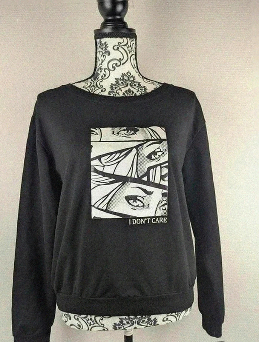 Sweat noir imprimé graphique “I don’t care” taille M vintage dressing imprimé artistique Pop art
