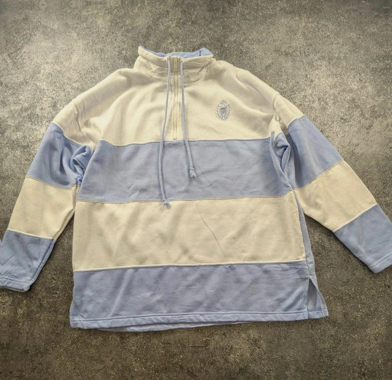 Sweat col zippé Jaclyn Smith L beige bleu vintage preppy old money