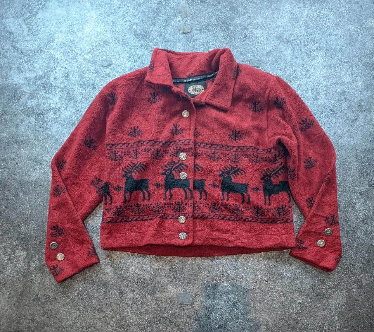 County Clothing Co veste polaire vintage renne nordique bordeaux cropped Made in Canada L – Vintage Dressing – taille L / 40 / 12 2