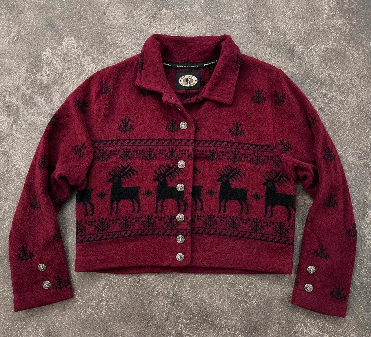 County Clothing Co veste polaire vintage renne nordique bordeaux cropped Made in Canada L