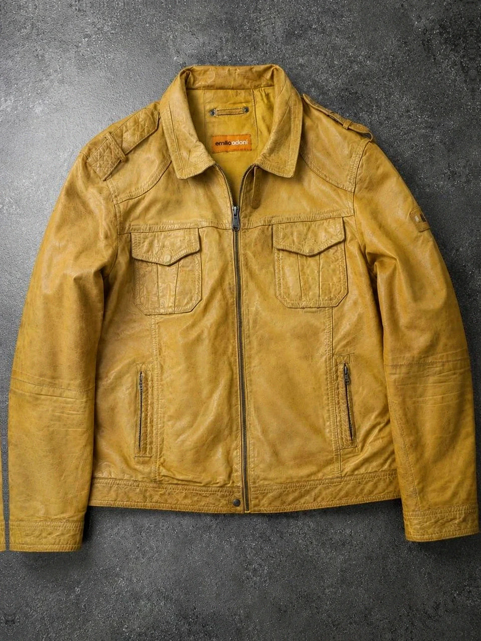 Emilio Adani veste cuir d’agneau Lamb Nappa T56 Xxl cognac biker moto vintage