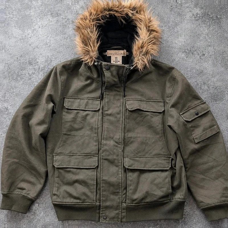 L.O.G.G. H&M veste workwear utility L kaki toile épaisse doublée capuche fourrure
