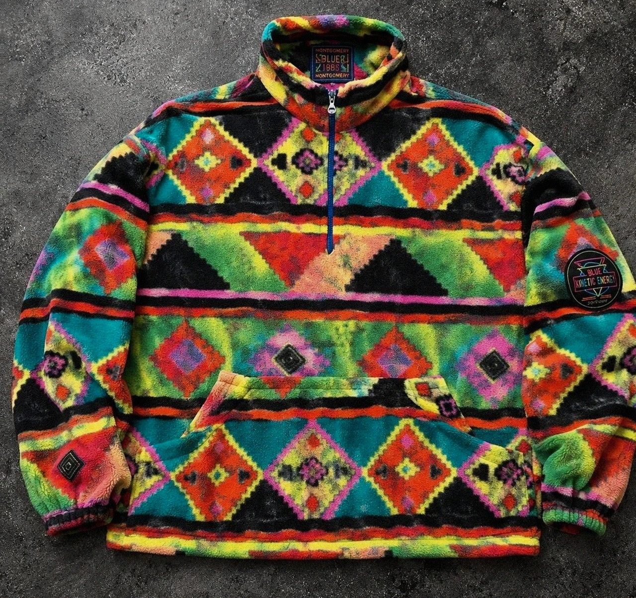 Montgomery Blue 1985 polaire vintage crazy aztec Made in Italy L Xl