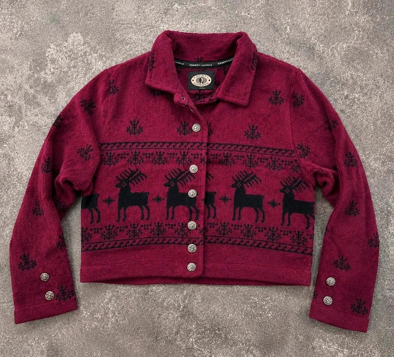 County Clothing Co veste polaire vintage renne nordique bordeaux cropped Made in Canada L