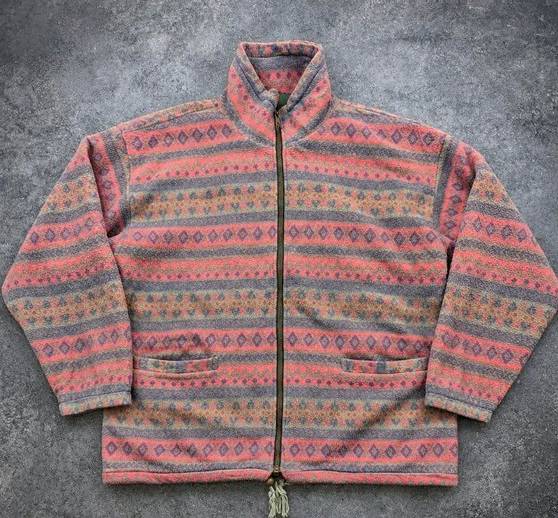 Polaire vintage crazy pattern full zip motifs géométriques faded rose gris L/XL