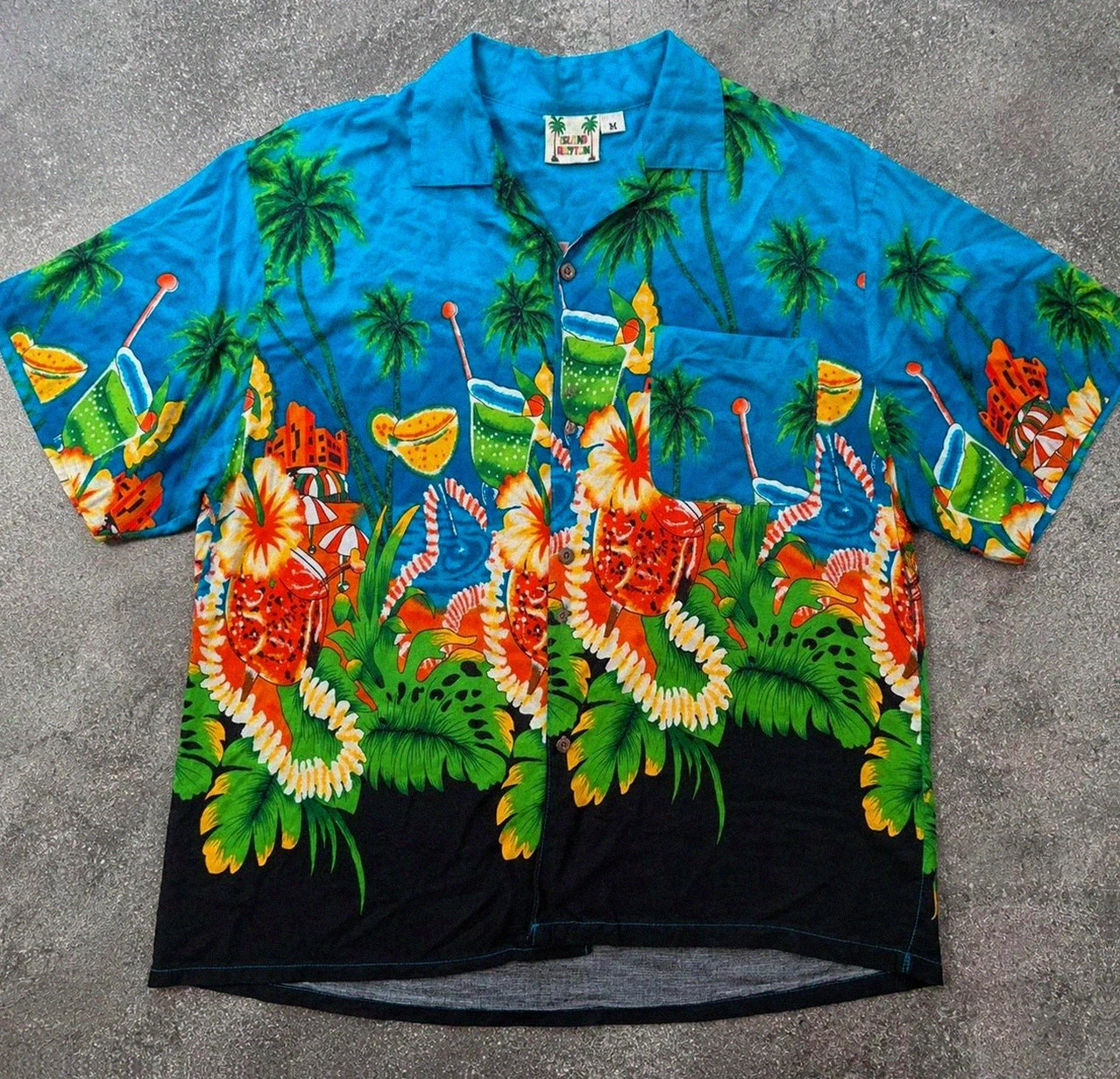 Chemise Island Rhythm hawaïenne bleu tropical cocktails rayon M vintage dressing