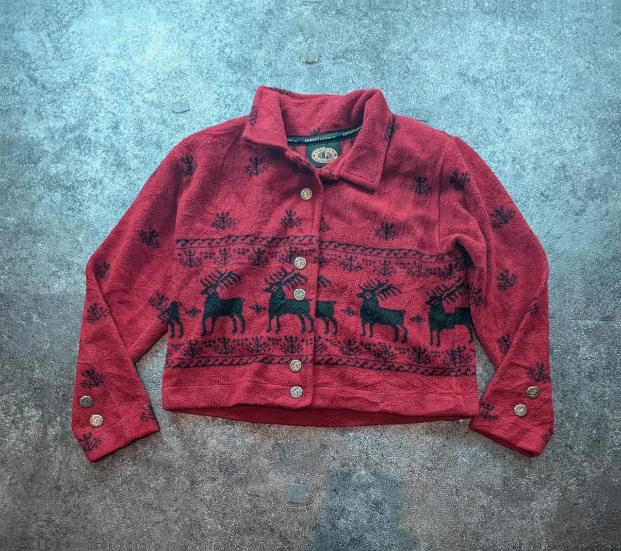 County Clothing Co veste polaire vintage renne nordique bordeaux cropped Made in Canada L – Vintage Dressing – taille L / 40 / 12 2