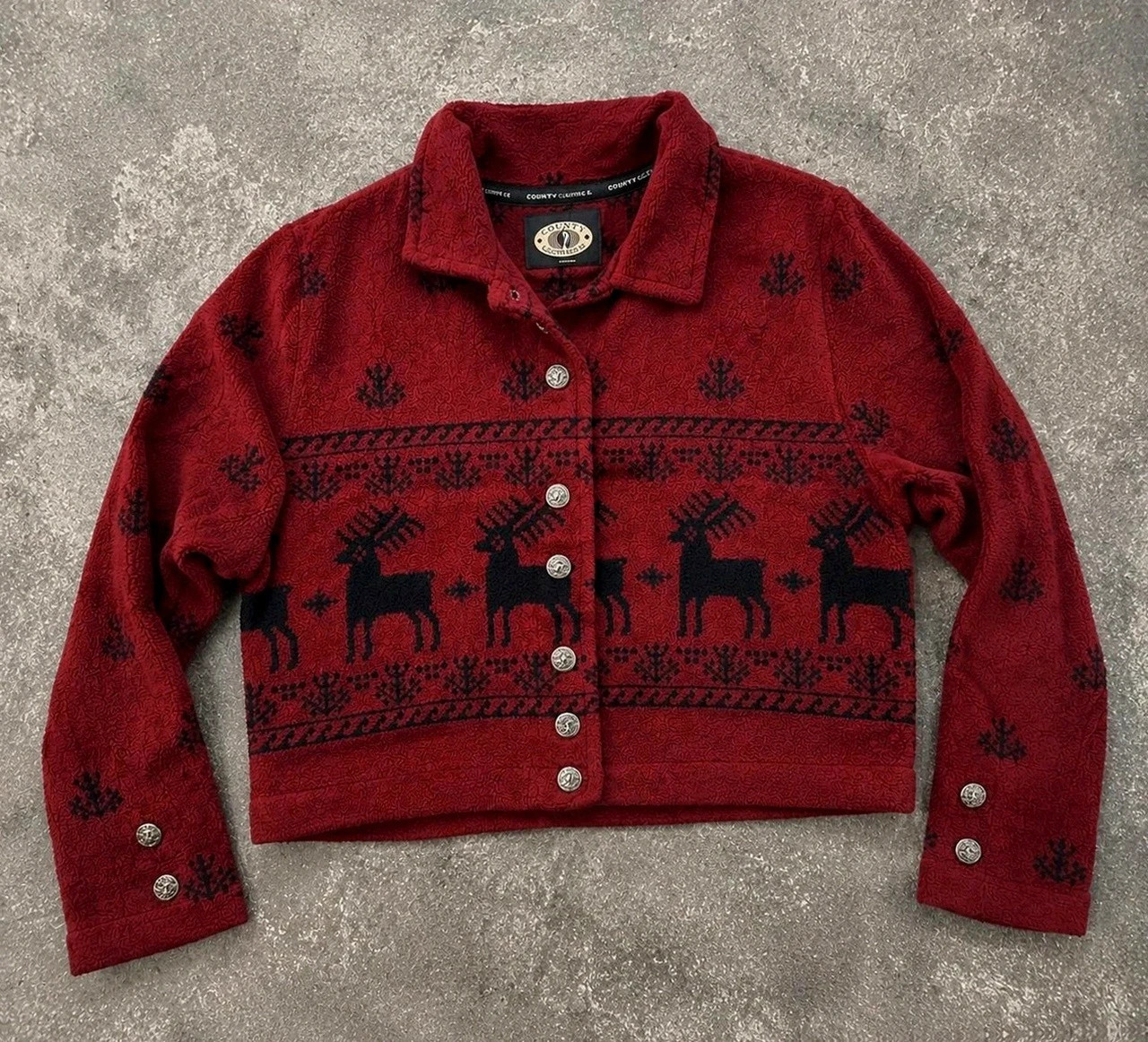 County Clothing Co veste polaire vintage renne nordique bordeaux cropped Made in Canada L
