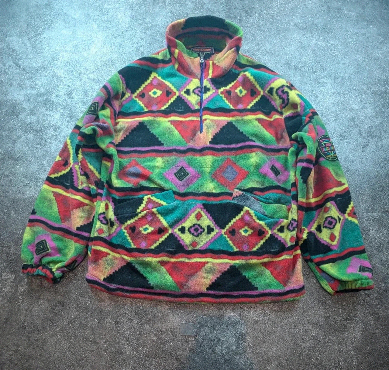Montgomery Blue 1985 polaire vintage crazy aztec Made in Italy L Xl