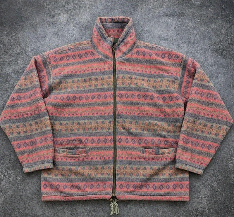 Polaire vintage crazy pattern full zip motifs géométriques faded rose gris L/XL