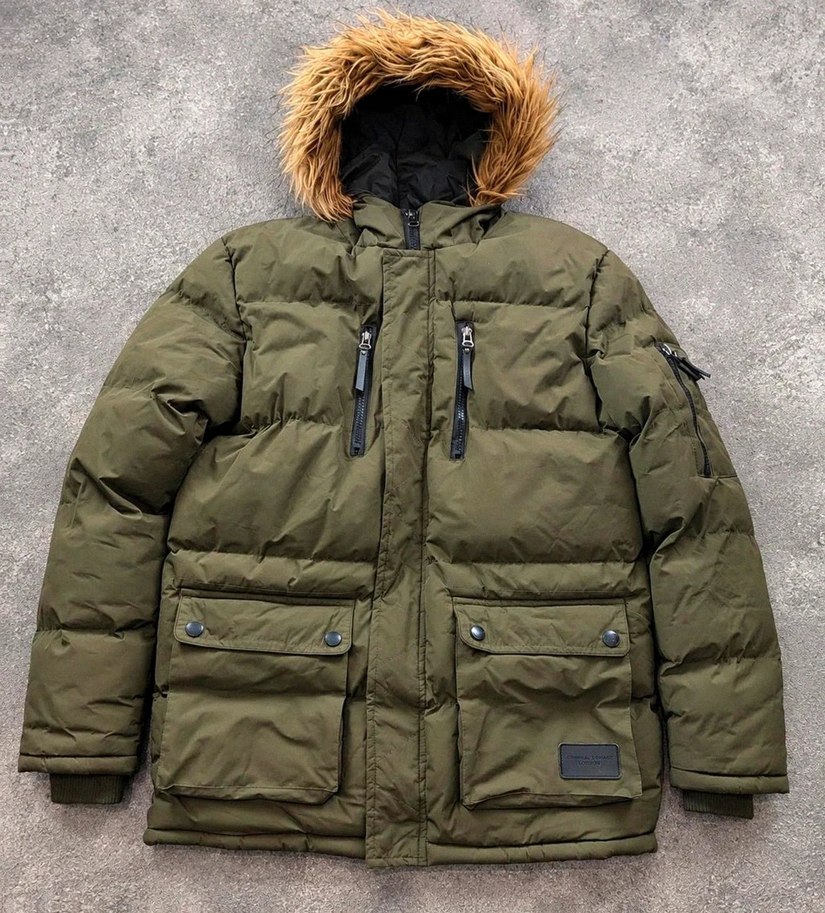 Criminal Damage London Parka Doudoune Kaki Fourrure Streetwear Utility Y2K S