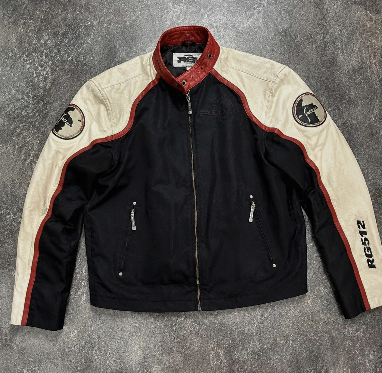 Veste biker moto racing RG512 cuir véritable Y2K noir rouge crème taille L