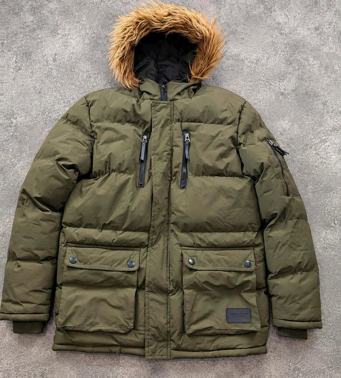 Criminal Damage London Parka Doudoune Kaki Fourrure Streetwear Utility Y2K S