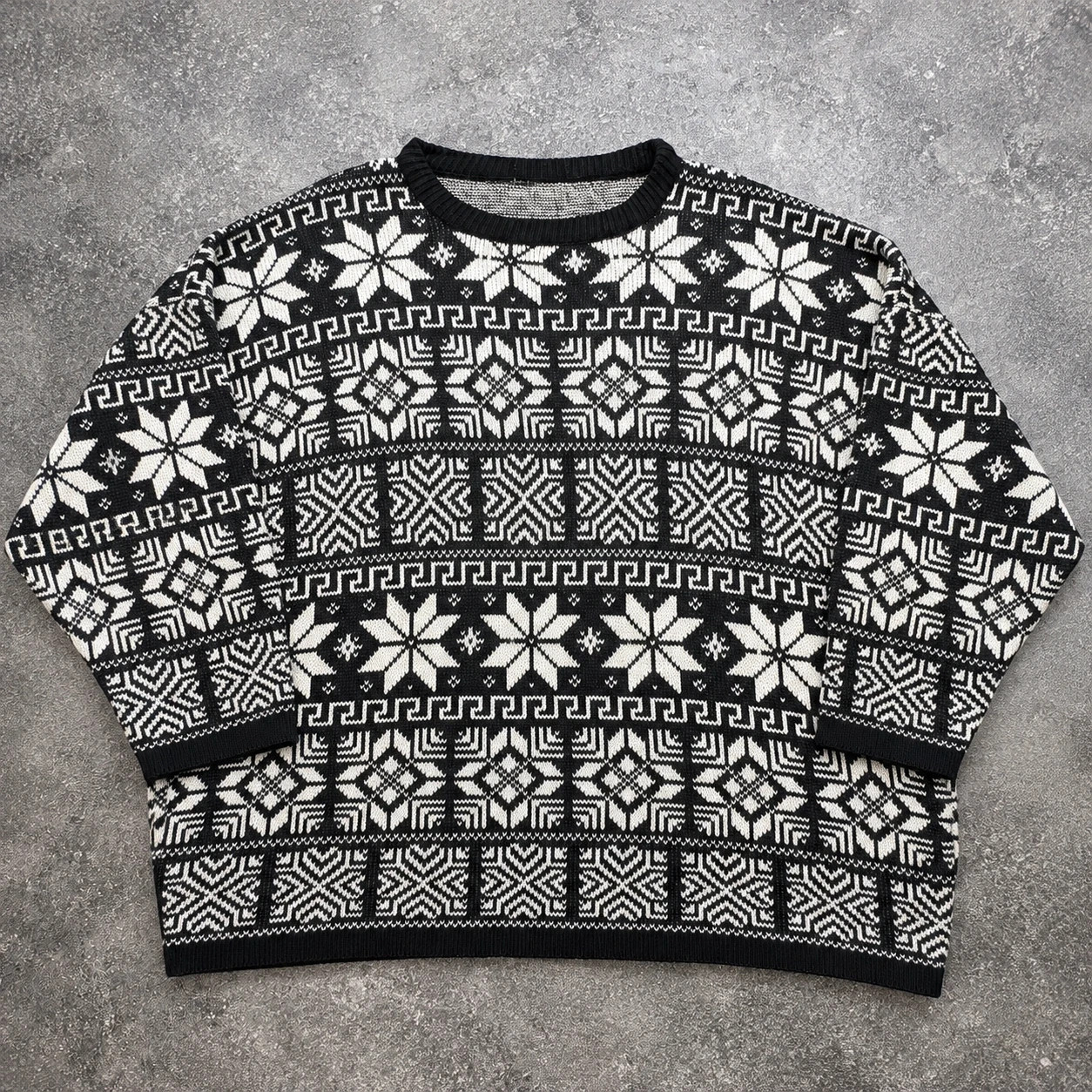 Pull jacquard nordique noir écru – Flocons Fair Isle – XL oversize – Vintage ski rétro – Vintage Dressing – taille XL / 42 / 14 2