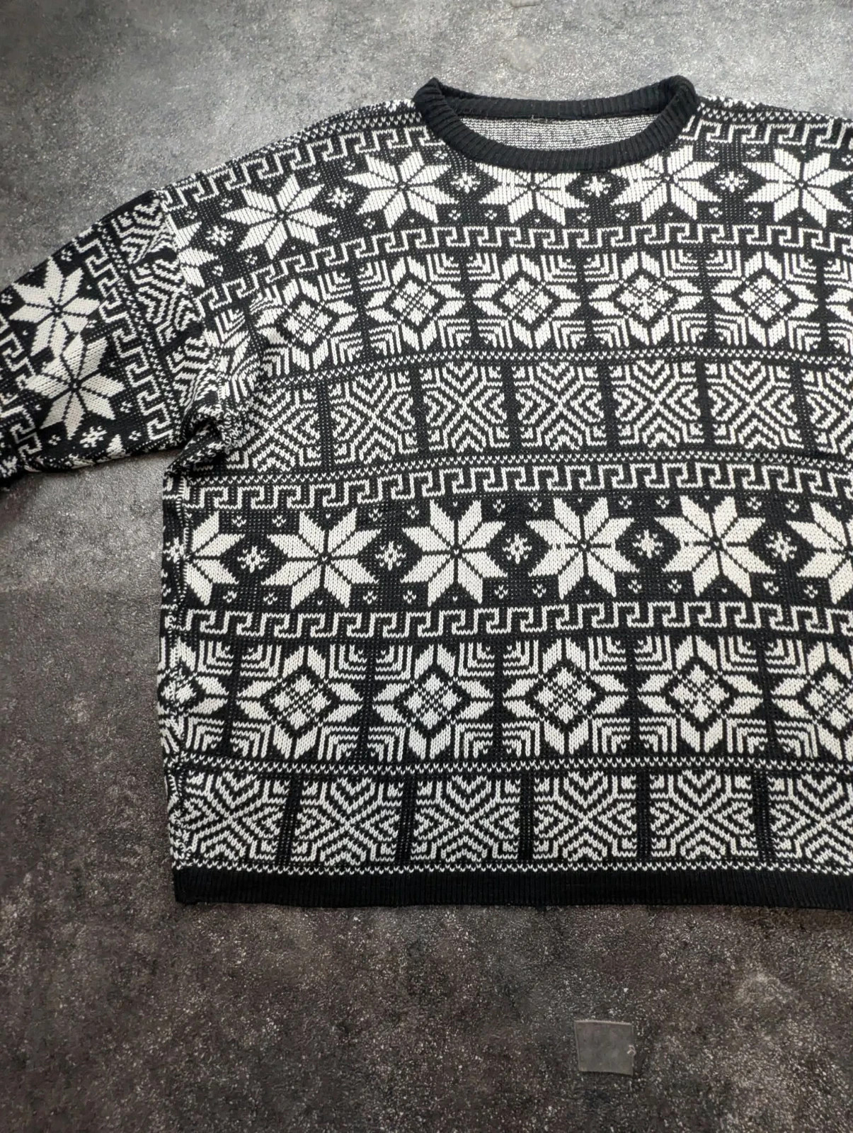 Pull jacquard nordique noir écru – Flocons Fair Isle – XL oversize – Vintage ski rétro – Vintage Dressing – taille XL / 42 / 14 4