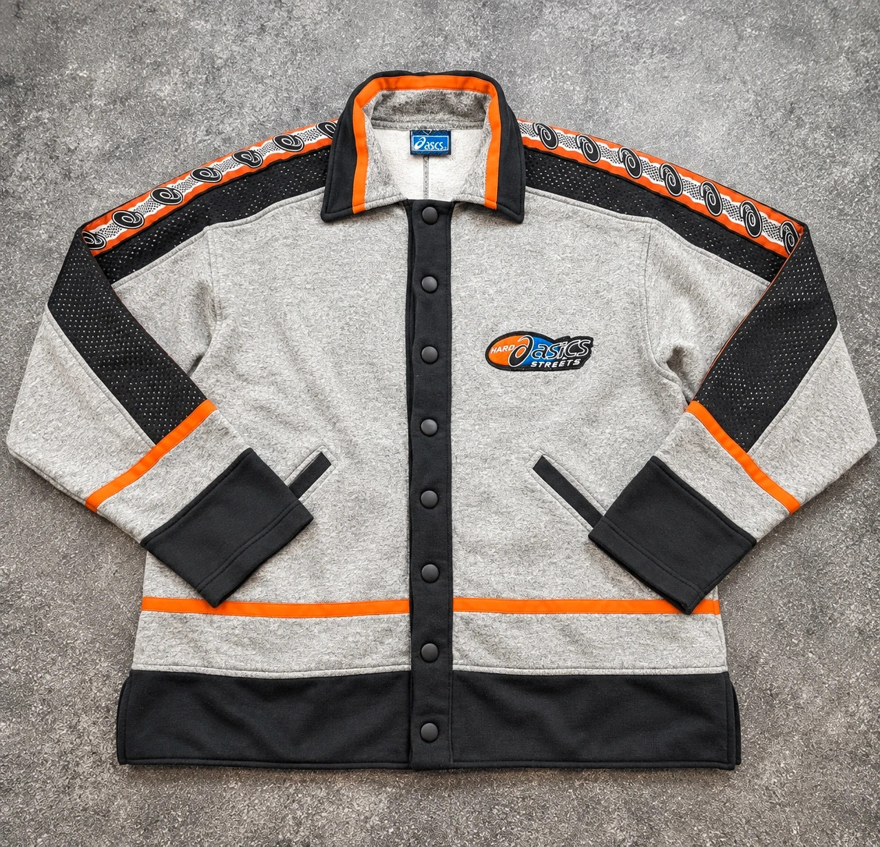 ASICS Streets – Veste sweat Japan Style Y2K 2000s rétro sportswear gris noir orange – S