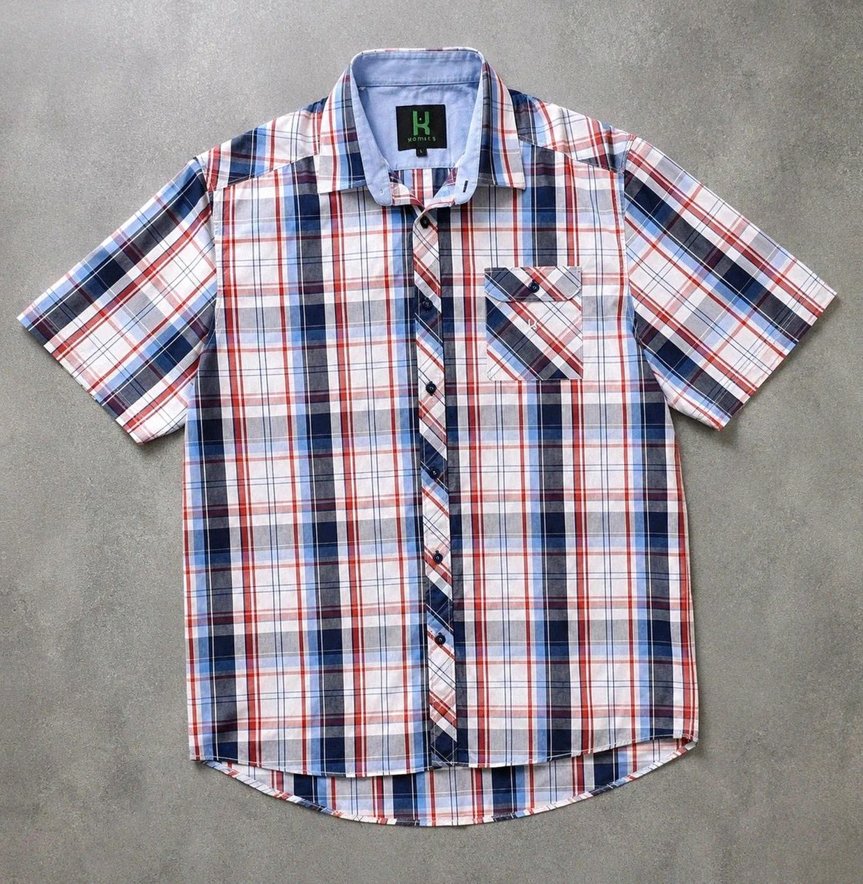 Chemise Homme Kamaté 2XL Carreaux Bleu Rouge Blanc 100 % Coton Manches Courtes Casual Vintage