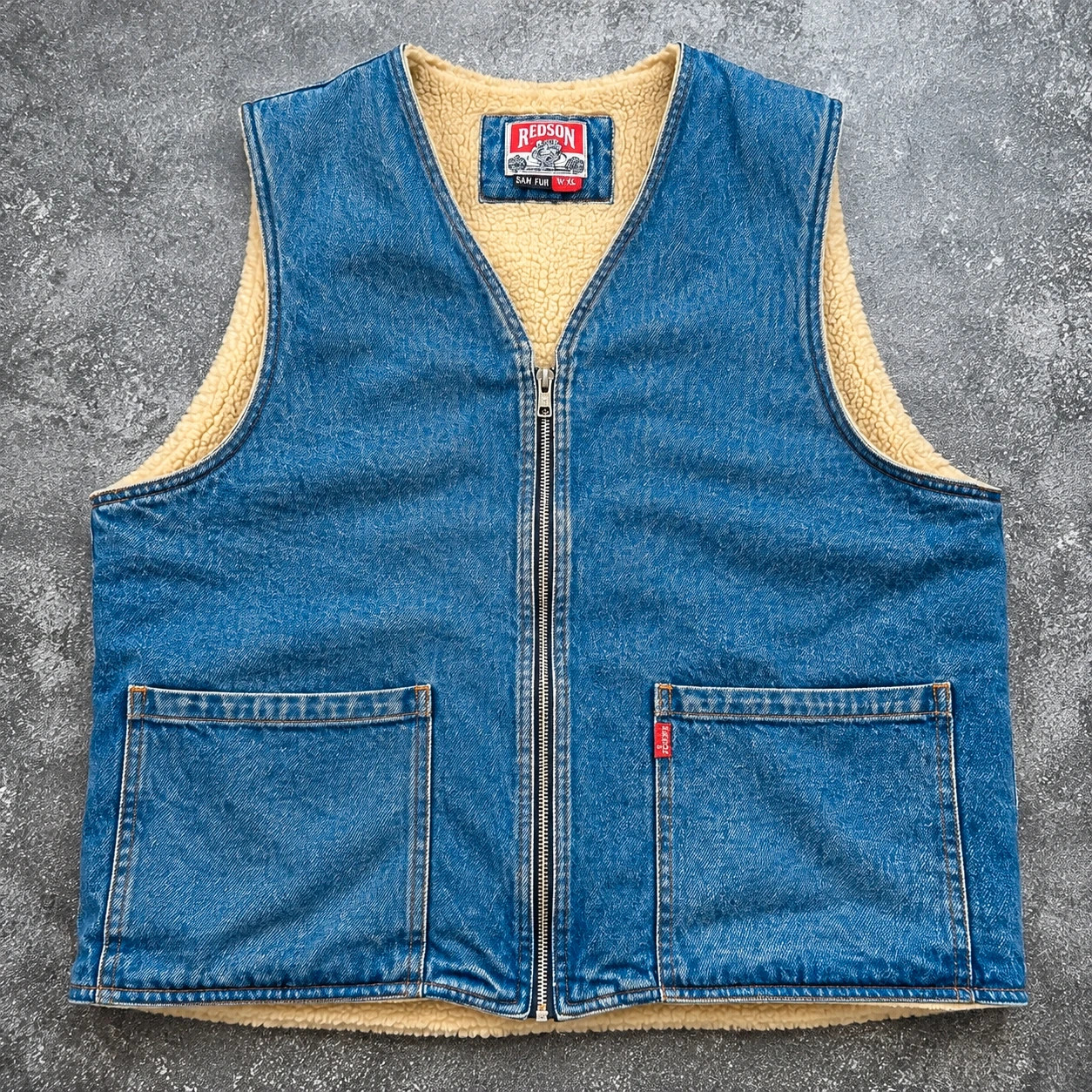 Gilet Redson vintage denim bleu doublé sherpa – Workwear western 90s XL