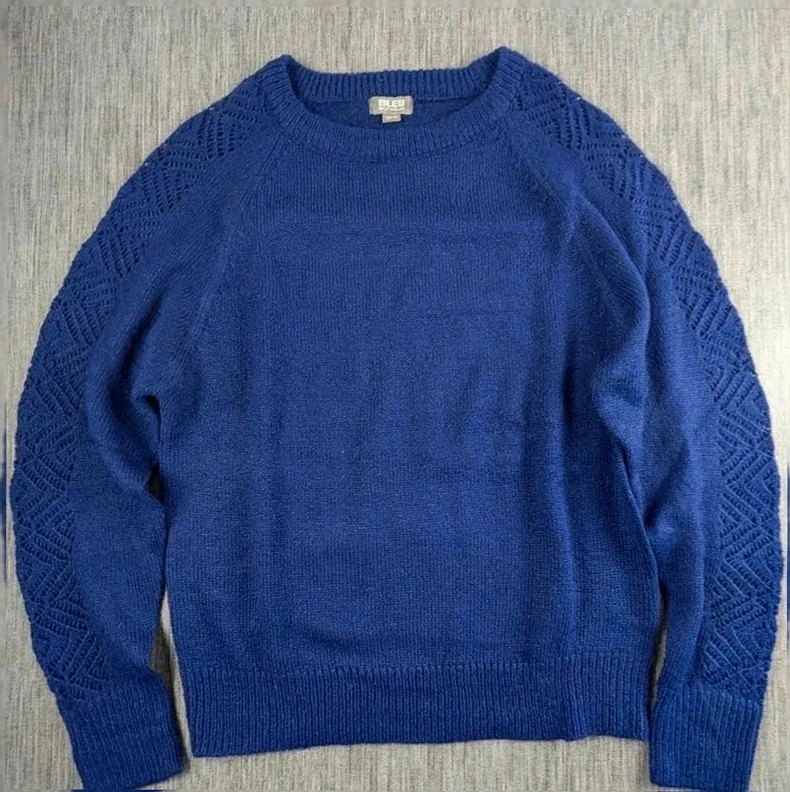 Pull ajouré bleu dentelle manches – Taille 38/40 – Bleu Bonheur 💙