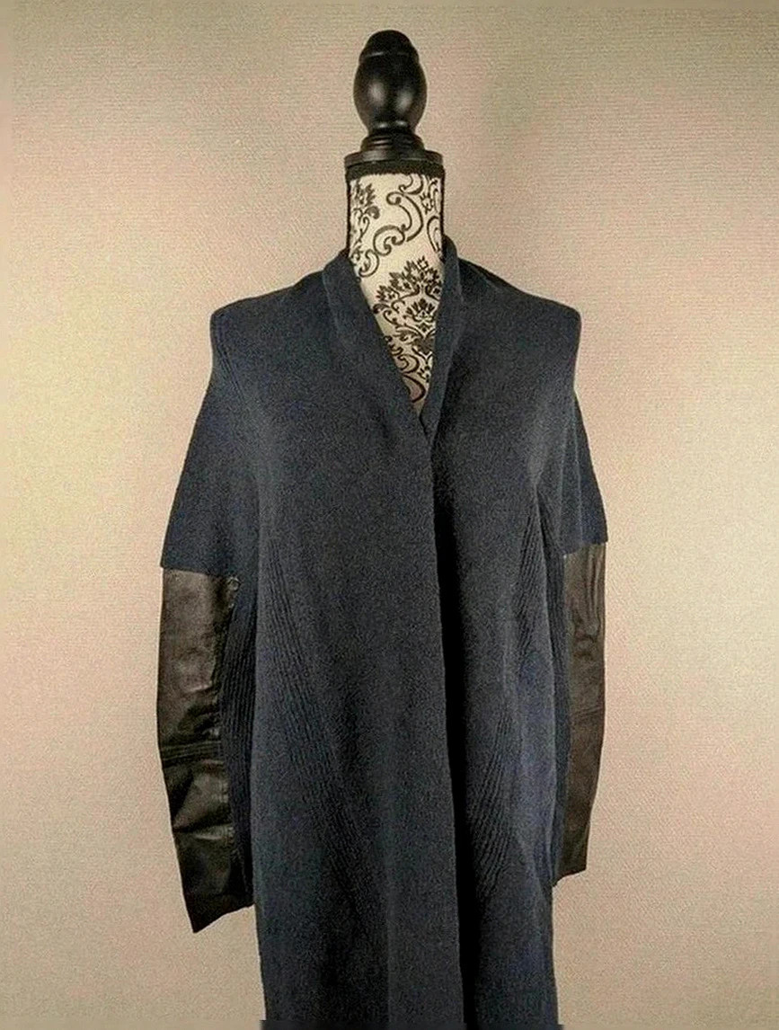 Manteau Maje taille 1 laine et cuir d’agneau bleu foncé élégant hiver luxe