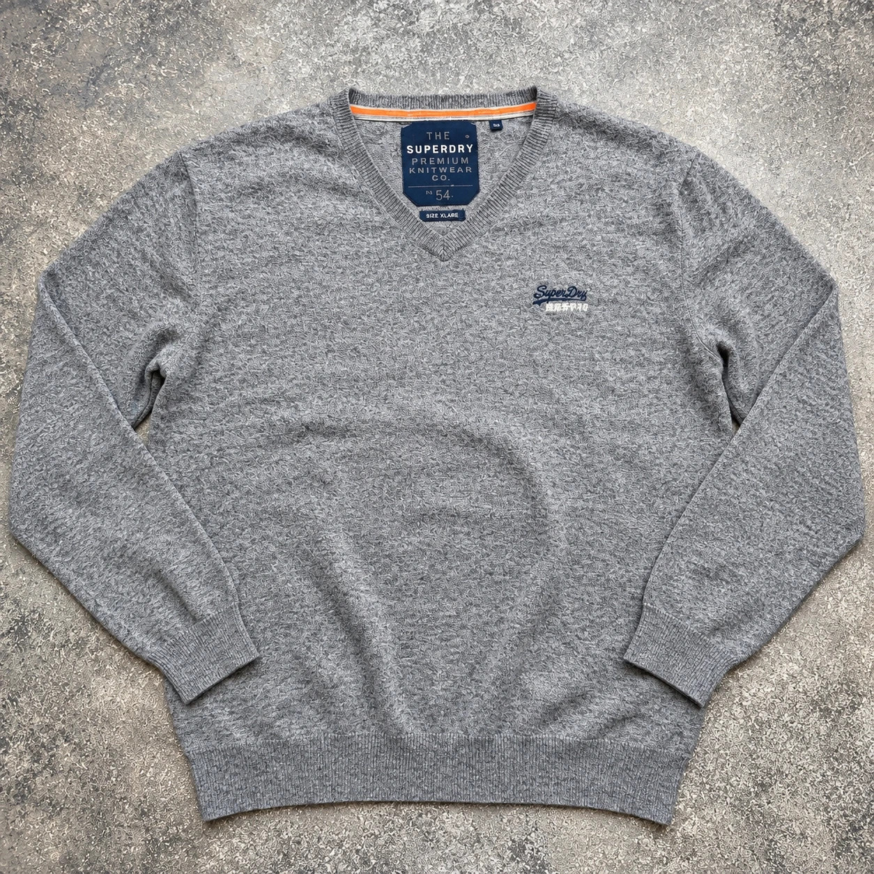 Pull Superdry Premium Knitwear gris chiné col V coton cachemire XL – Casual chic preppy