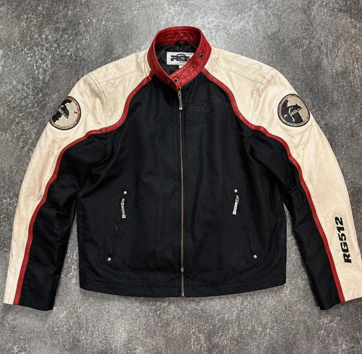 Veste biker moto racing RG512 cuir véritable Y2K noir rouge crème taille L