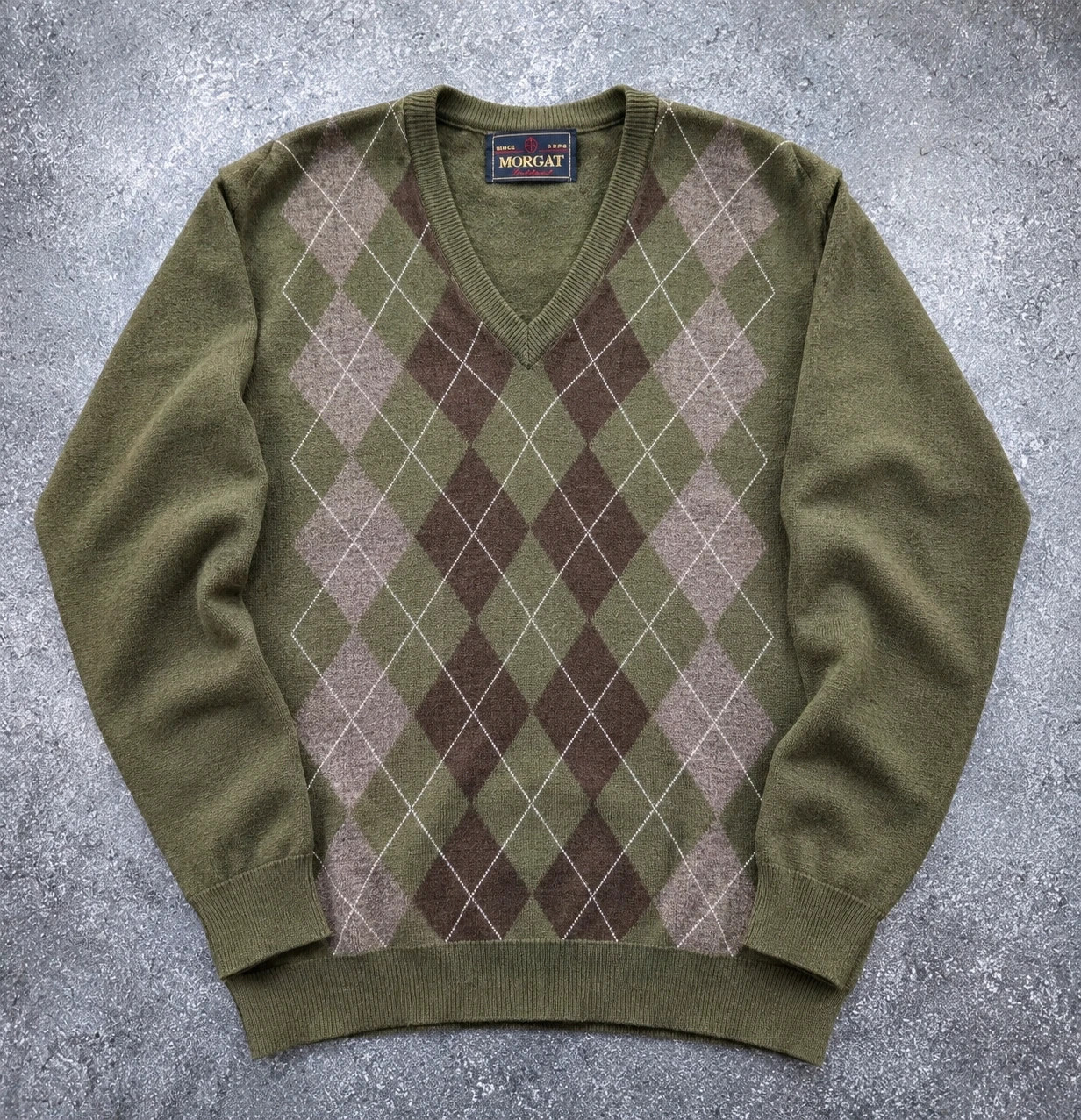 Morgat Traditional pull vintage Argyle laine mérinos kaki XL style Old Money preppy british