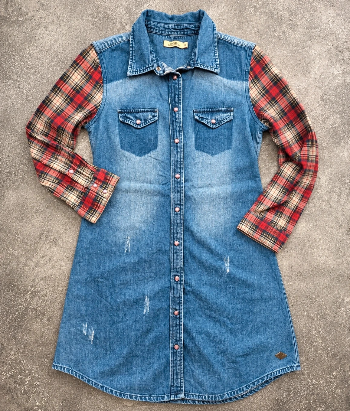 DDP robe chemise en jean denim manches tartan western grunge Y2K – Taille S