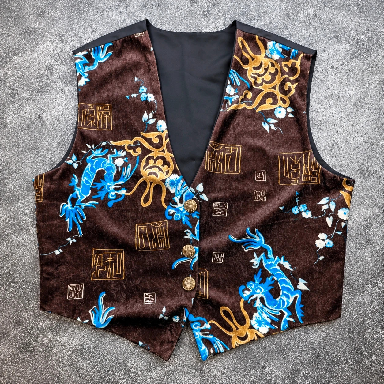 Gilet velours dragons asiatiques Made in France marron bleu doré vintage Y2K japan style