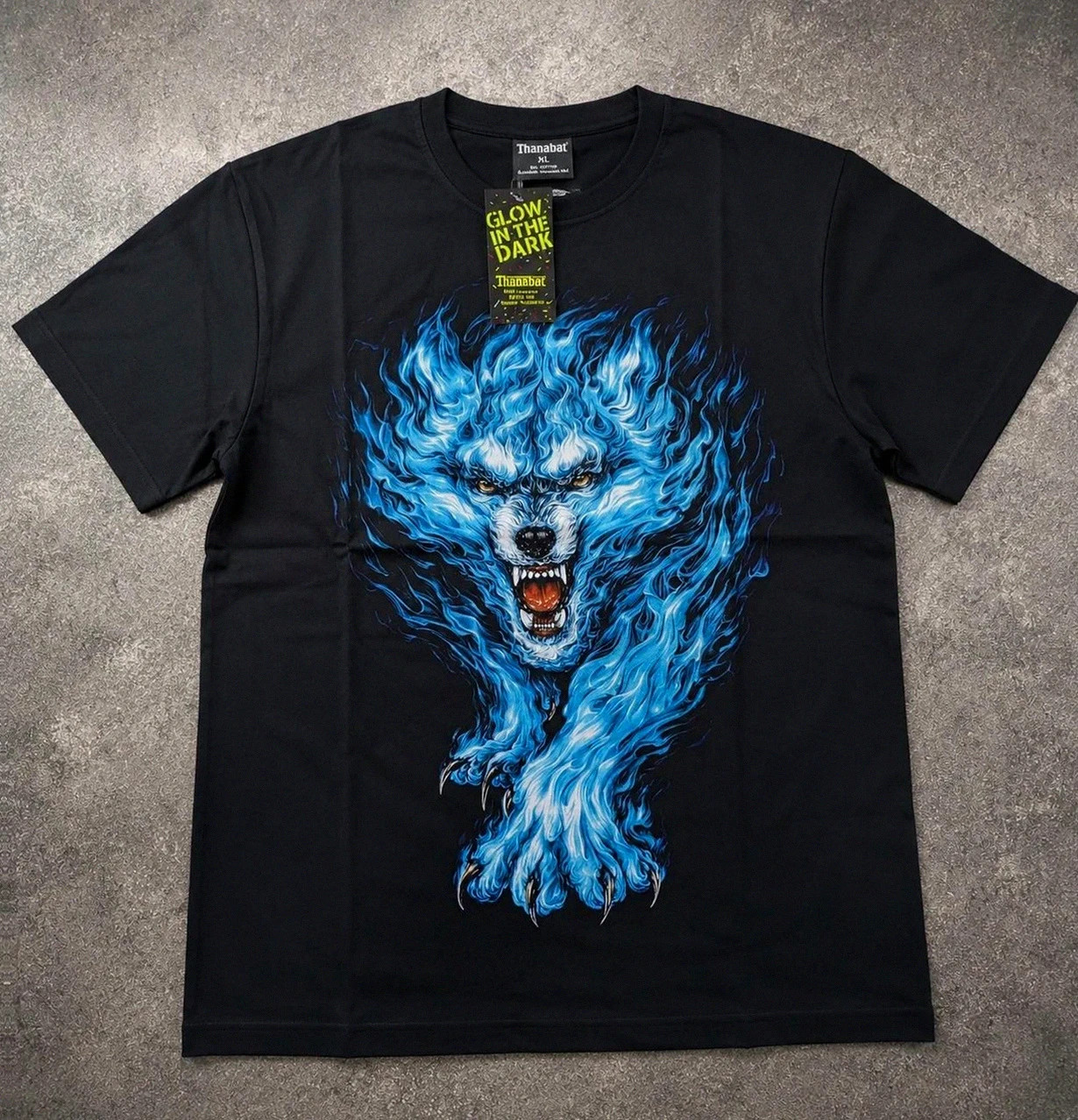 T-shirt Noir Thanabat Loup Flamme Glow In The Dark XL 100% Coton Neuf