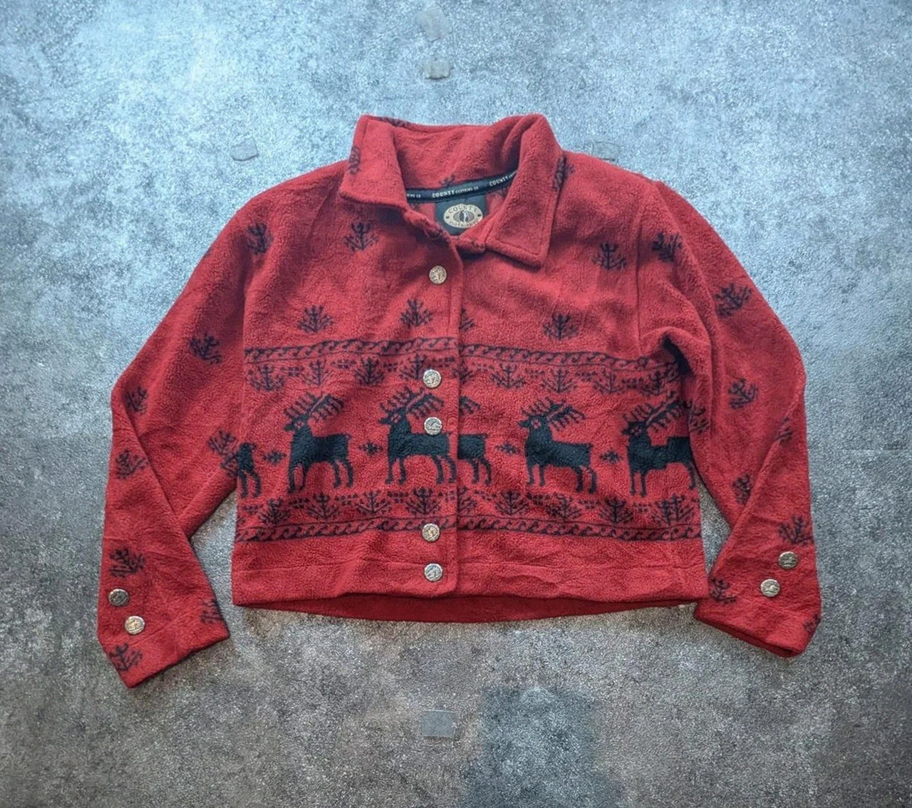 County Clothing Co veste polaire vintage renne nordique bordeaux cropped Made in Canada L – Vintage Dressing – taille L / 40 / 12 2