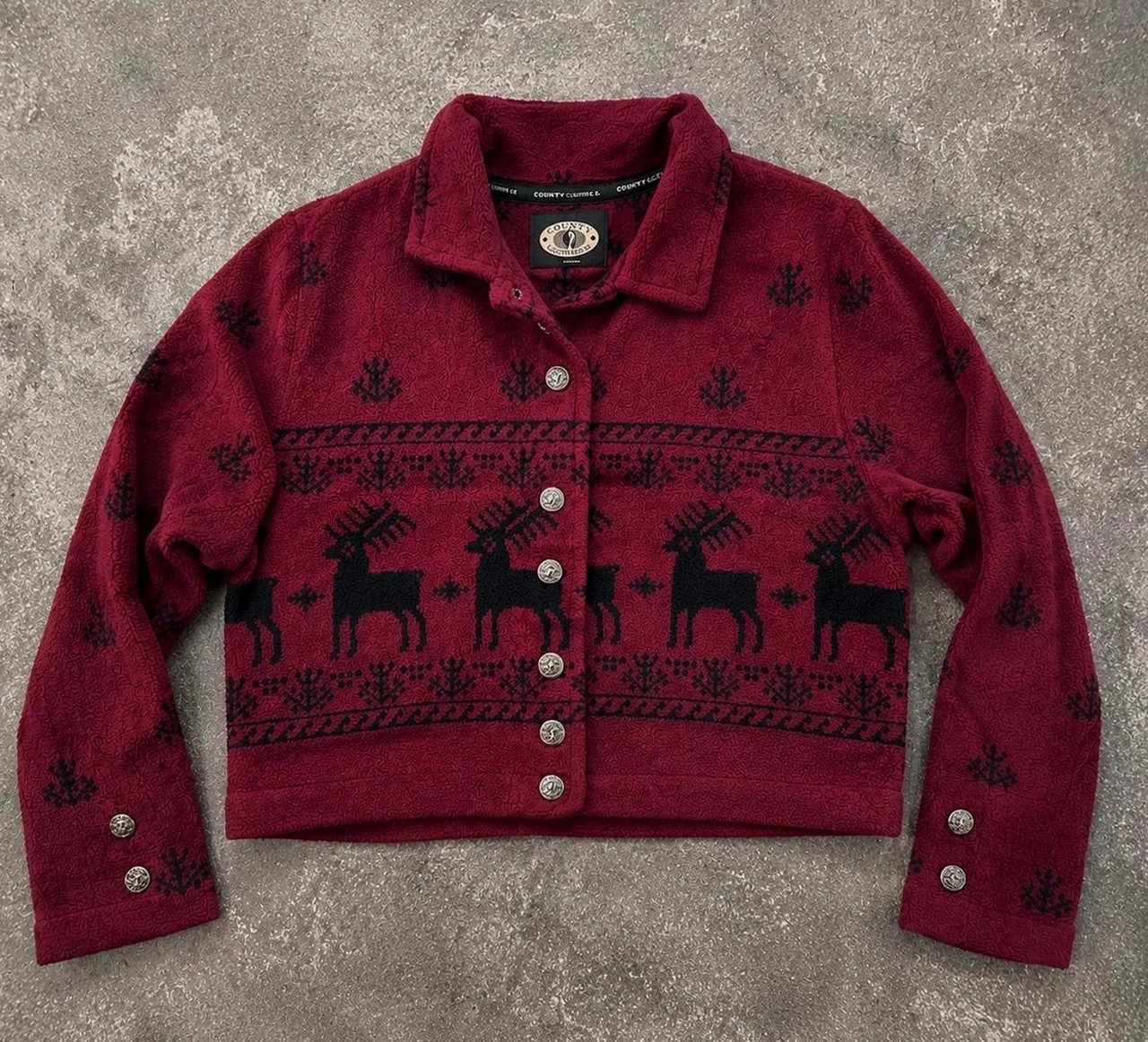 County Clothing Co veste polaire vintage renne nordique bordeaux cropped Made in Canada L