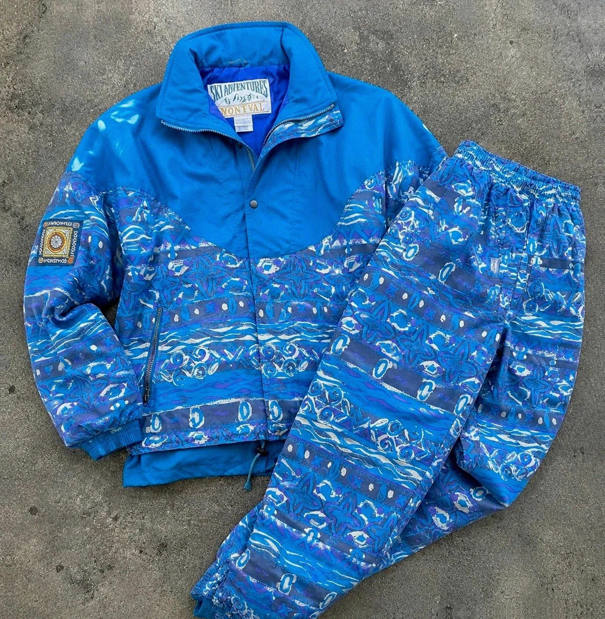 Ensemble ski vintage Montval 80s/90s veste + pantalon rétro bleu violet