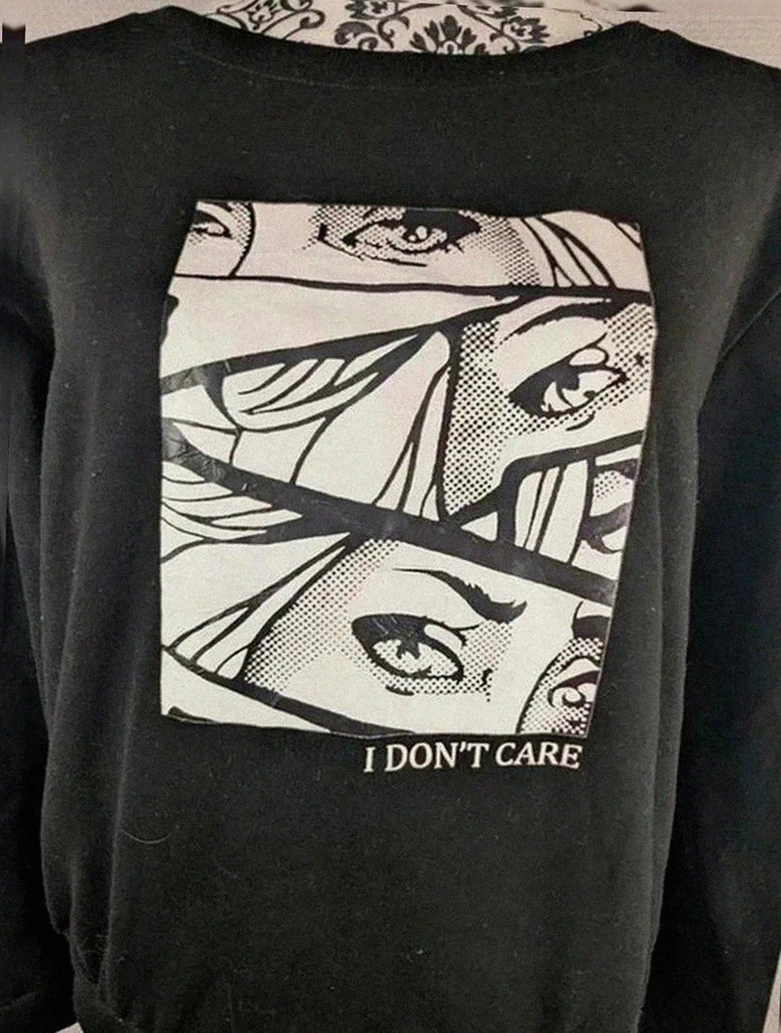 Sweat noir imprimé graphique “I don’t care” taille M vintage dressing imprimé artistique Pop art – Vintage Dressing – taille M / 38 / 10 2