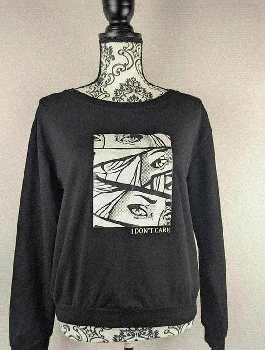 Sweat noir imprimé graphique “I don’t care” taille M vintage dressing imprimé artistique Pop art